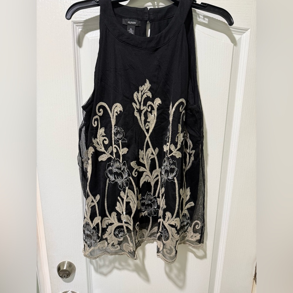 Alfani Embroidered Black With Beige Sequins Top New Size XL sleeveless